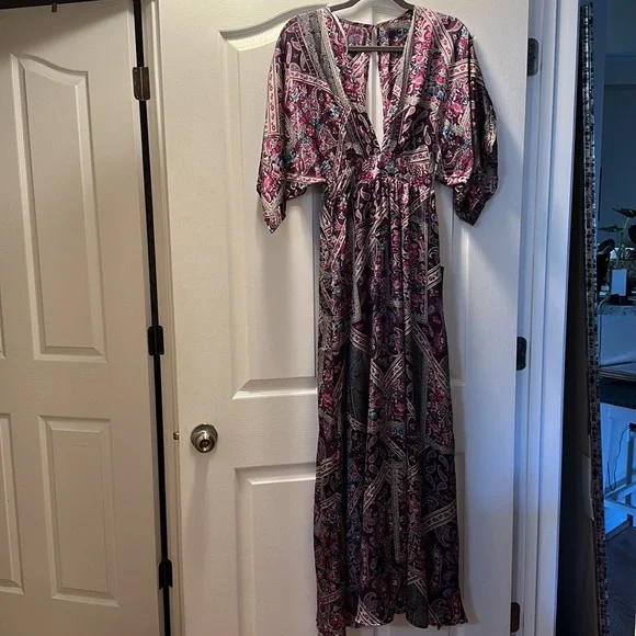 Romantically Retro Purple Multi Paisley Dolman Sleeve Maxi Dress - Picture 2 of 6